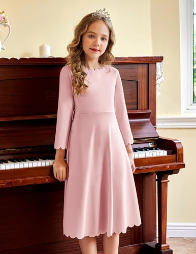 Vista 2 de Arshiner Vestido de fiesta para niñas con ribete festoneado, cinturón, acampanado, formal, por debajo de la rodilla, con bolsillos, para 6-15 años