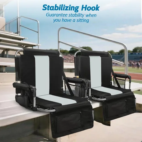 Vista 5 de Asientos portátiles para estadio con respaldo y reposabrazos, sillas plegables con respaldo y cojín grueso, silla deportiva acolchada ancha con Gris