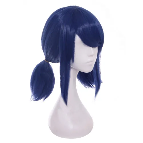Vista 2 de DAZCOS Peluca de cosplay de anime para niñas y mujeres, cabello azul con parche y corbatines