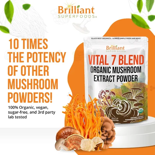 Vista 5 de Ellie's Best Suplemento orgánico de mezcla de extracto de polvo de 7 hongos, 114 porciones Cordyceps de doble extracción de alta potencia, Reishi