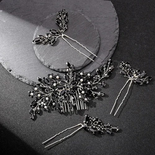 Vista 5 de Accesorios para el cabello de la boda, pieza nupcial, tocado para la novia, peine de novia (Negro)