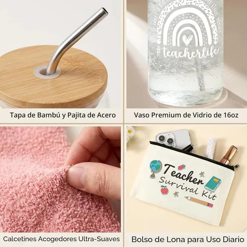 Vista 5 de 8 PCS Mejor Juego de Regalo para Profesoras 16oz Vaso de Café de Vidrio con Tapa y Pajita, Calcetines Acolchados, Bolsa de Regalo, Llavero y Tarjeta
