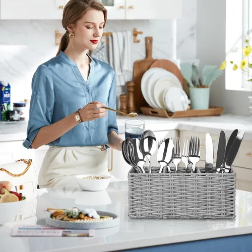 Vista 3 de Ayiaren Organizador de cubiertos de plástico gris para cubiertos, organizador de utensilios pequeños para encimera de cocina, fiesta, cubiertos