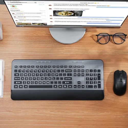 Vista 4 de KOPJIPPOM Juego de teclado y mouse inalámbricos con teclas silenciosas, teclado ergonómico de tamaño completo 2.4G con reposamuñecas, fundas Negro