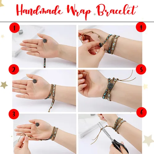 Vista 5 de Pulsera de cuero hecha a mano con cuentas de cristal natural, estilo bohemio, Adjustable, piedra natural