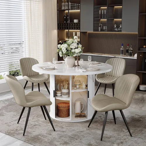 Vista 49 de Miereirl Juego de mesa y sillas de comedor moderno redondo, con una mesa de comedor de madera equipada con compartimentos de almacenamiento