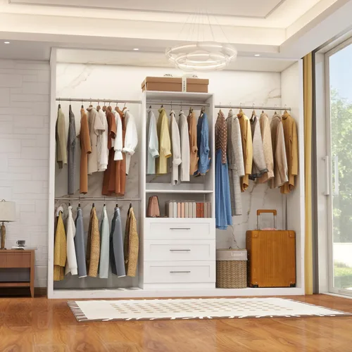 Vista 5 de Sistema de armario, sistema de organizador de armario de 4 pies - 9 pies con 3 cajones de madera, sistema de almacenamiento con 5 varillas colgantes