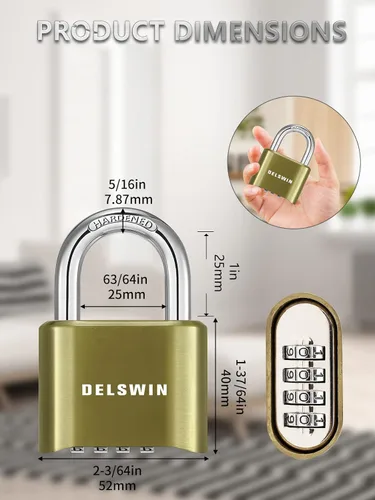 Vista 4 de DELSWIN Candado de combinación de 4 dígitos para exterior con grillete de acero endurecido - Candado resistente para casillero con grillete de acero