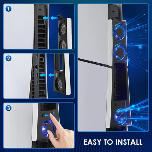 Vista 3 de Quiet Cooling Fan Station for PS5 Slim with Blue Light & USB 3.0 Hub, 2-Level Speed Cooling Stand Accessories for PS5 Console Slim,3 fans Digital