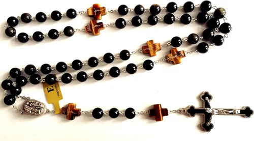Vista 3 de elegantmedical Hecho a mano católico negro 0.394 in oro obsidiana cuentas Lourdes medalla de agua rosario cruz collar caja para hombre mujer regalo
