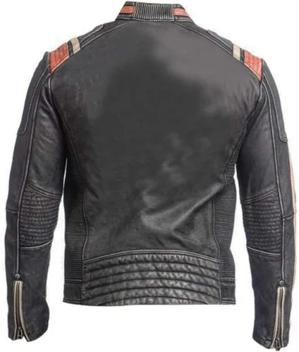 Vista 3 de LP-FACON Chaqueta de cuero genuino vintage negro envejecido Cafe Racer Retro Biker para hombre