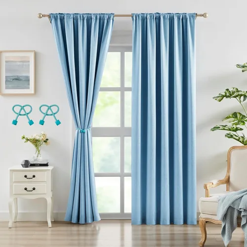 Vista 13 de Bujasso Cortinas de jacquard negras con bolsillo para barra, pestaña trasera y lazos de lujo, cortinas aisladas térmicamente para oscurecer