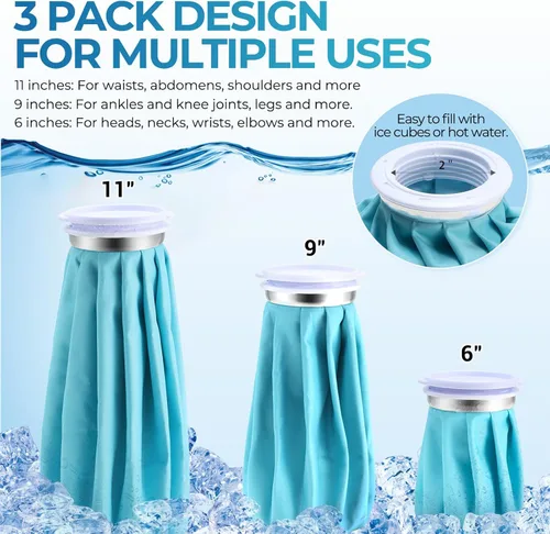 Vista 2 de Bolsas de hielo reutilizables para lesiones: Ohuhu 3 paquetes de hielo frío con 2 bolsas de hielo para agua caliente, terapia fría y caliente