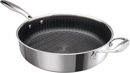 Vista 2 de Hell's Kitchen Sartén híbrida Tri-Clad de 4 cuartos de galón con tapa, antiadherente, resistente a los arañazos, mango ergonómico, apto