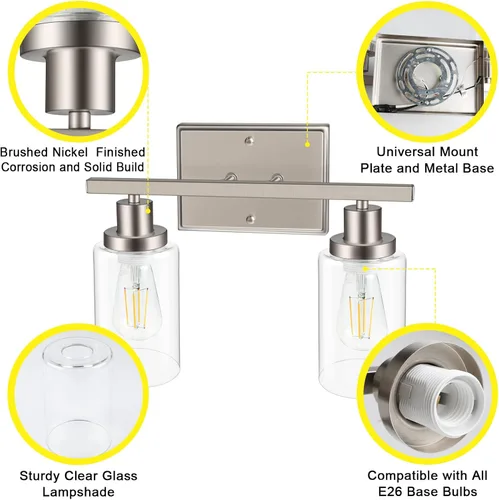 Vista 7 de Ascher Apliques de pared de 2 luces, moderna lámpara de tocador con pantalla de vidrio transparente, lámpara de pared de níquel cepillado