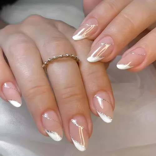 Vista 10 de Uñas postizas a presión de almendra, color rosa degradado medio, con bonito diseño de conejo y gato, uñas postizas de estrella plateada, uñas