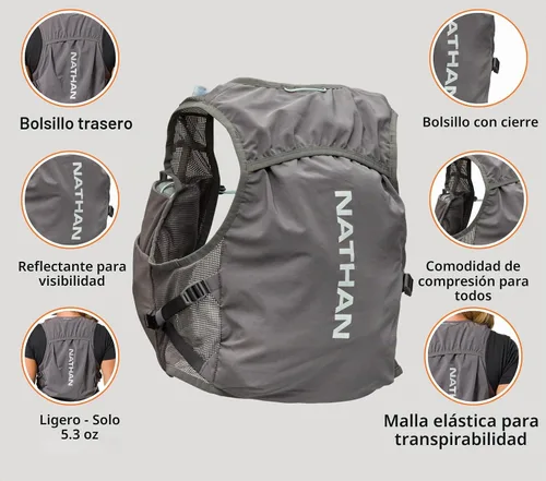 Vista 4 de Nathan - Chaleco de hidratación para mujer - Malla ligera, transpirable, 2 frascos de 14 oz, vejiga de 2 L, chaleco reflectante, Pinnacle Breeze