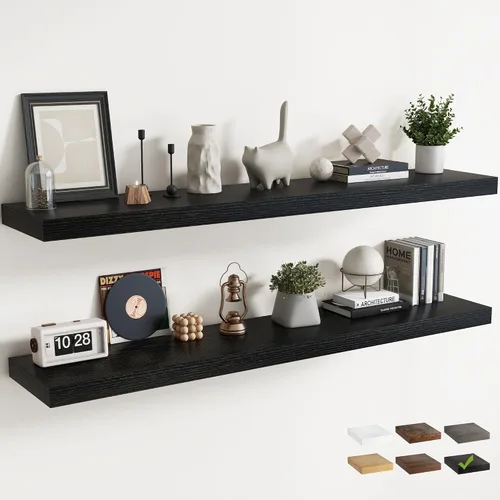 Vista 19 de Juego de 2 estantes flotantes de 16 pulgadas para pared, estantes de baño de grano de madera de 12 pulgadas de profundidad con soportes invisibles