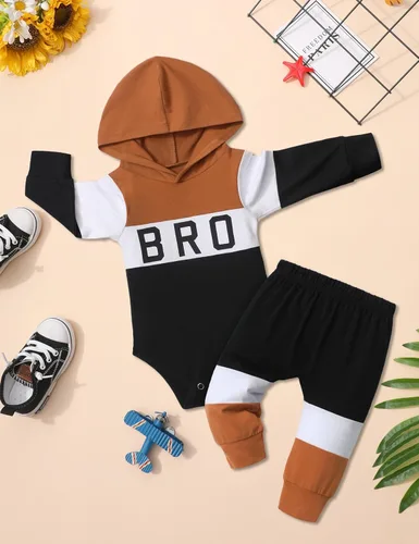 Vista 7 de Ropa de bebé niño de manga larga, sudadera con capucha con estampado de letras + pantalones de retazos, 2 piezas, trajes de otoño e invierno