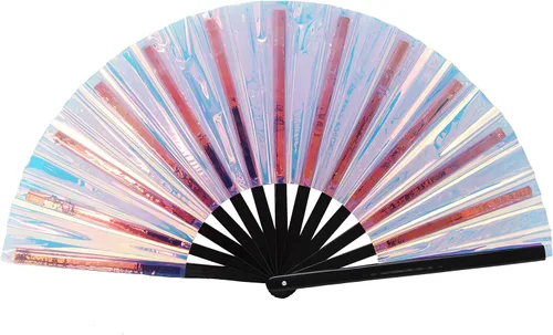 Vista 6 de Gionforsy 1 ventilador plegable rave para mujer, ventilador de mano grande de bambú con tela de color brillante para festival