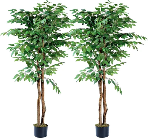 Vista 8 de [Usado] VECELO Árbol de ficus artificial con maceta resistente, planta de seda sintética de 5 pies para decoración de interiores y exteriores Ficus
