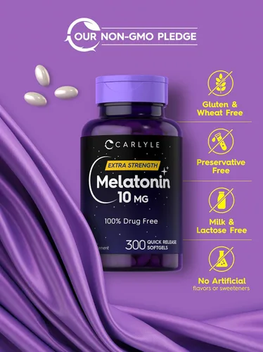 Vista 5 de Carlyle Melatonina 10 mg 300 cápsulas blandas Apoyo de fuerza extra para adultos Suplemento sin OMG, sin gluten