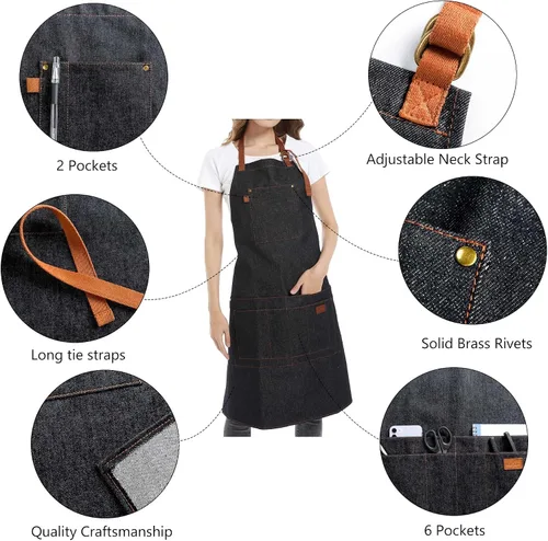 Vista 3 de Delantal de mezclilla con bolsillos, delantal alto con pechera grande con lazos largos ajustables, regalos para hombres y mujeres