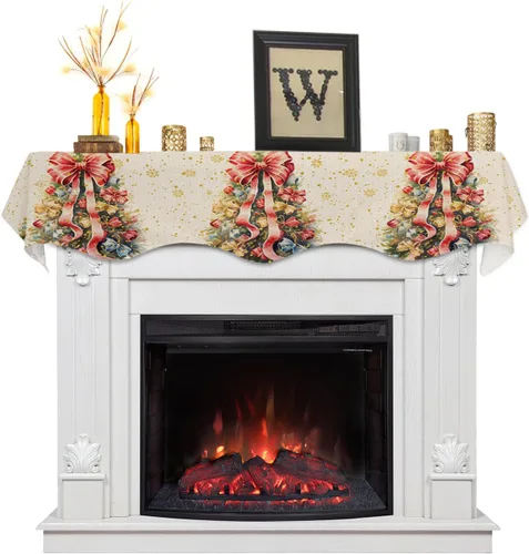 Vista 10 de Bufanda de Navidad para chimenea, diseño de árbol de Navidad, mantel de Navidad, mantel superior, bufandas con copos de nieve, cubierta de mantel