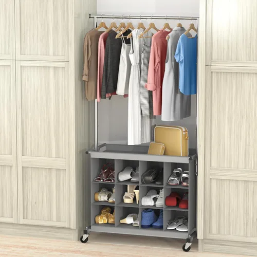 Vista 3 de Simple Houseware Perchero con barra extensible y organizador de 16 zapatos, gris