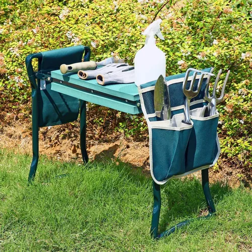 Vista 2 de Banco plegable 2-en-1 para jardín, de la marca Ohuhu, reclinatorio y asiento, incluye 2 bolsas de herramientas, para exterior, Verde