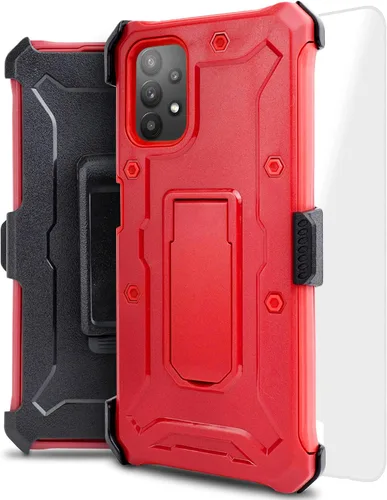 Vista 7 de Funda diseñada para Samsung Galaxy A02S, con soporte giratorio de vidrio templado con clip para cinturón, funda protectora de cuerpo completo Azul