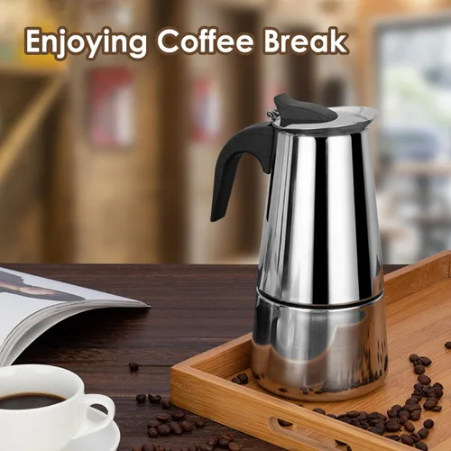 Vista 6 de Cafetera de café expreso para estufa, 3.4 fl oz, 2 tazas, cafetera italiana de acero inoxidable para cocinas de inducción