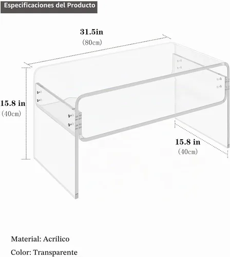 Vista 3 de Mesa auxiliar acrílica de 2 niveles, mesa auxiliar con estante de almacenamiento, mesa central moderna para sala de estar, oficina, dormitorio