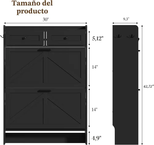 Vista 2 de Thacuok Gabinete de zapatos negro con 2 cajones abatibles y 2 cajones de almacenamiento, armario organizador de zapatos estrecho rústico de granja
