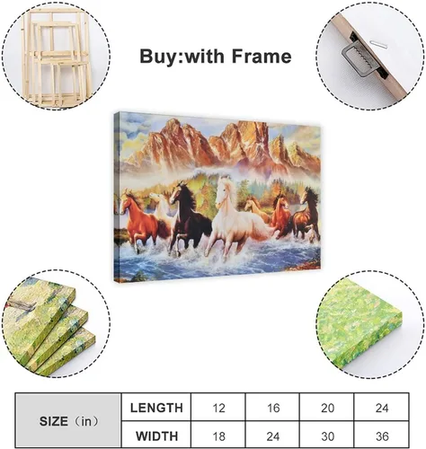 Vista 2 de Pintura al óleo de siete caballos caminando por el río, arte de pared, impresiones de animales sobre lienzo, póster para decoración de pared