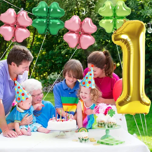 Vista 7 de Dripykiaa 5 globos dorados de 40 pulgadas para decoración de fiesta de primer cumpleaños, color rosa y verde, trébol de cuatro hojas, globos de Rosa
