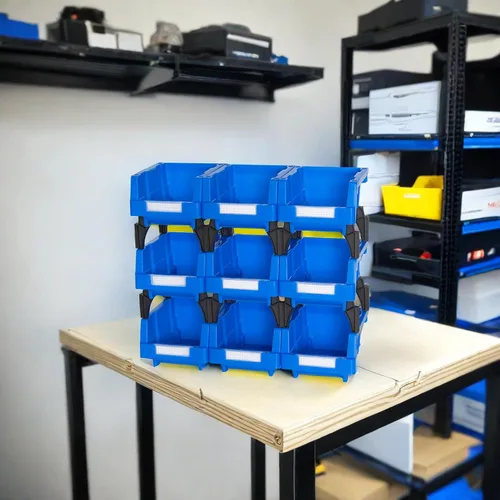 Vista 2 de Pequeños contenedores de almacenamiento apilables de plástico, 5-1/3 x 4-1/5 x 3, azul, paquete de 9