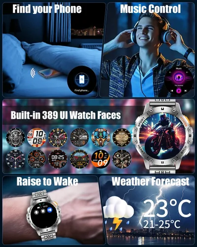 Vista 9 de Relojes inteligentes militares para hombre con llamada Bluetooth, reloj inteligente AMOLED impermeable de 1.43 pulgadas con linterna, 111 modos