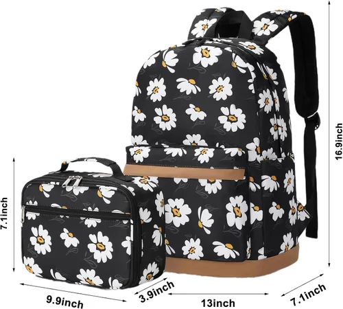 Vista 8 de Mochila para niñas con lonchera para niños, mochila para la escuela, ligera, resistente al agua, negro (Daisy Black), Mochila con fiambrera