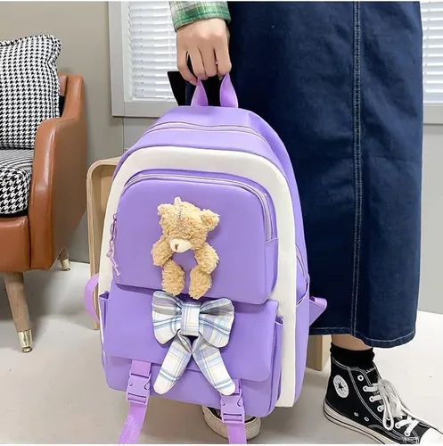 Vista 3 de Juego de 4 mochilas Kawaii con bonitos colgantes e insignia, mochila escolar japonesa y mochila para niñas de 10 a 12 años, Púrpura, Mochila, viaje