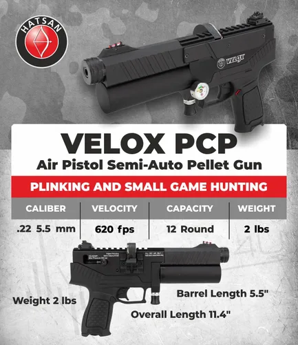 Vista 2 de Hatsan Velox PCP Pistola de aire semiautomática de pellets, hasta 620 FPS, hasta 20 julios, hasta 12 RDS, con estuche rígido Wearable4U + pellets +