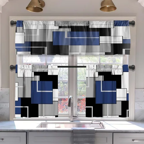 Vista 11 de MCALK Cortinas opacas azules para cocina, cenefas para ventanas, arte abstracto moderno para sala de estar (juego de niveles de 36 pulgadas)