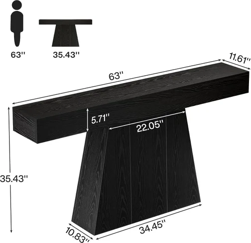 Vista 2 de Tribesigns Mesa consola negra de 63 pulgadas, mesa de entrada de granja con base trapezoidal, mesa de sofá estrecha y larga de madera detrás