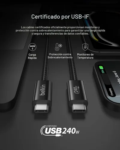 Vista 4 de Belkin Cable USB C a USB C, 3.3 pies, 240 W - Cargador tipo C, cable de carga para iPhone, suave, trenzado, flexible para iPhone 17, Galaxy S25