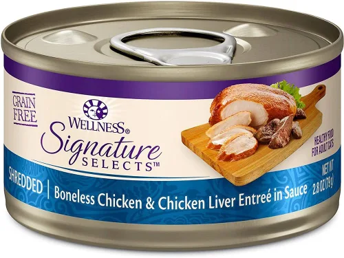 Vista 3 de Wellness Signature - Variedad de alimentos húmedos para gatos, sin granos, paquete de 4 sabores (12 latas) con tapa: pollo, hígado, salmón y pavo