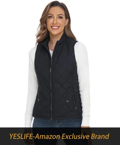Vista 5 de YESLIFE 2025 Chaleco acolchado para mujer con un bolsillo interior - Chaleco ligero con cuello alto para mujer, Negro azulado., Grande