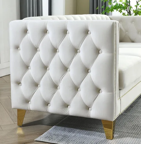 Vista 4 de Juego de 2 sofás de terciopelo para sala de estar, cómodo loveseat y sofá de 3 plazas, sofá moderno con respaldo acolchado y decoración de remaches