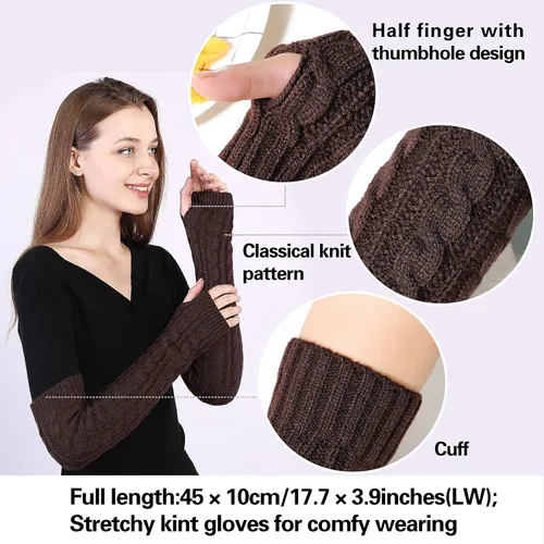 Vista 23 de Bellady Guantes de invierno para mujer, cálidos sobre el codo, guantes largos sin dedos con agujero para el pulgar, guantes de punto para calentar