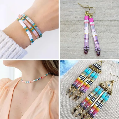 Vista 4 de Pandahall - 200 cuentas de vidrio cuadradas planas, cuentas de Tila de 2 agujeros en 10 colores para hacer pulseras, collares y aretes, joyería
