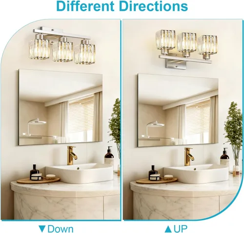 Vista 7 de GOLSPARK Crystal Bathroom Vanity Light, Brushed Nickel, 3 Light, Square Modern Bathroom Light Fixtures, Vanity Lighting Over Mirror, Wall Sconce